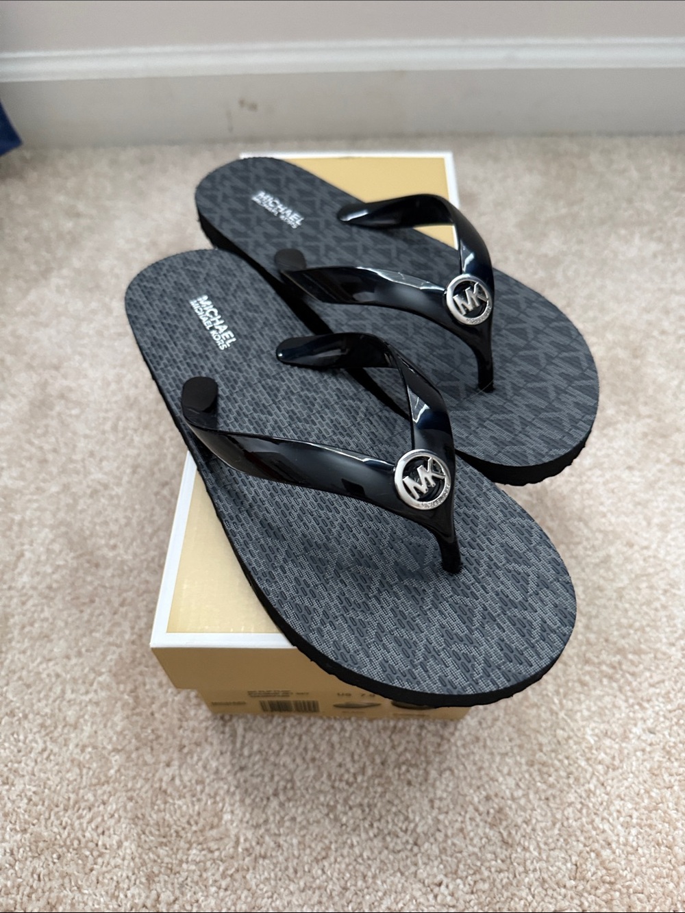 Michael Kors Black/Gray MK Logo Jelly Flip Flops